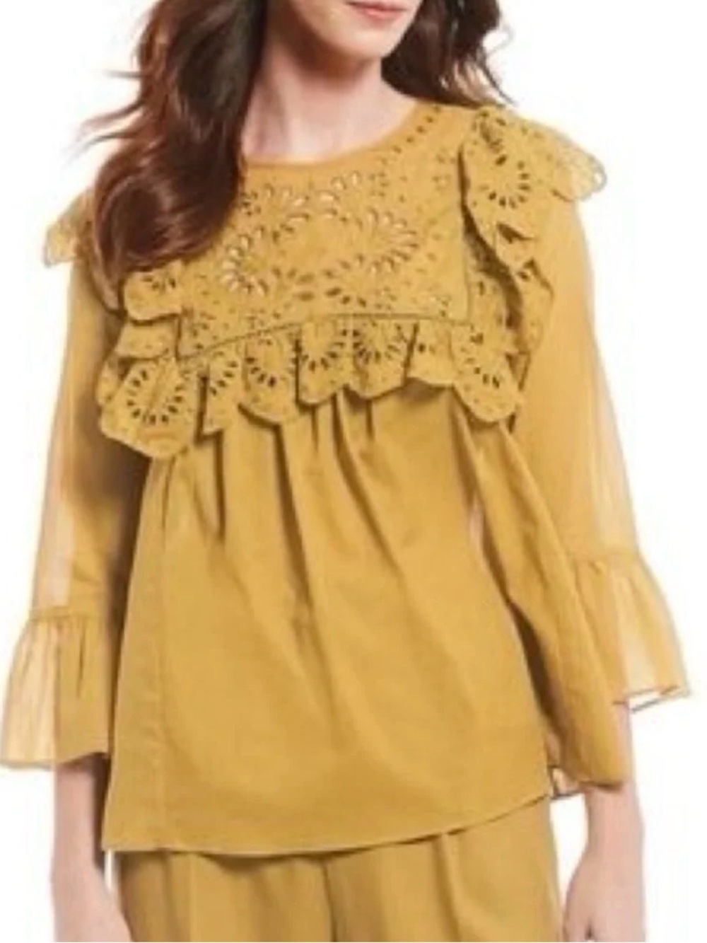 A Loves A Mustard Eyelet Embroidered Ruffle Boho Peasant Top Large Cotton